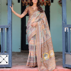 Coffee Brown Handloom Cotton Saree with Classical Art & Sacred Cow Pallu