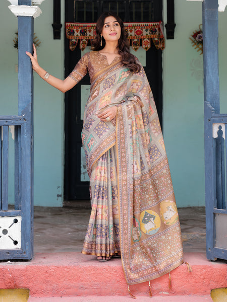 Coffee Brown Handloom Cotton Saree with Classical Art & Sacred Cow Pallu