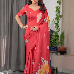 Coral Red Satin Georgette Floral Printed Saree with Attached Blouse – Elegant Designer Saree for Festive & Party Wear
