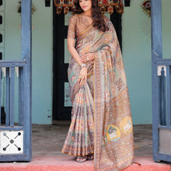 Coffee Brown Handloom Cotton Saree with Classical Art & Sacred Cow Pallu