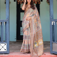 Coffee Brown Handloom Cotton Saree with Classical Art & Sacred Cow Pallu
