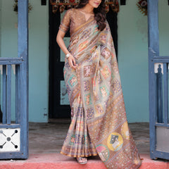 Coffee Brown Handloom Cotton Saree with Classical Art & Sacred Cow Pallu