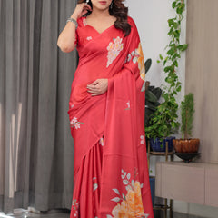 Coral Red Satin Georgette Floral Printed Saree with Attached Blouse – Elegant Designer Saree for Festive & Party Wear