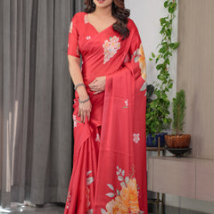 Coral Red Satin Georgette Floral Printed Saree with Attached Blouse – Elegant Designer Saree for Festive & Party Wear