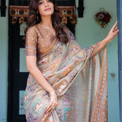 Coffee Brown Handloom Cotton Saree with Classical Art & Sacred Cow Pallu