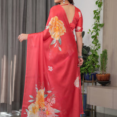Coral Red Satin Georgette Floral Printed Saree with Attached Blouse – Elegant Designer Saree for Festive & Party Wear