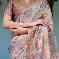 Coffee Brown Handloom Cotton Saree with Classical Art & Sacred Cow Pallu