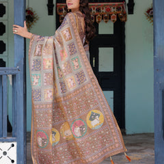 Coffee Brown Handloom Cotton Saree with Classical Art & Sacred Cow Pallu