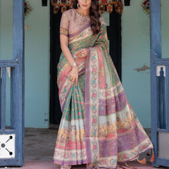 Green Lavender Handloom Cotton Saree with Floral Vines & Heritage Village Pallu