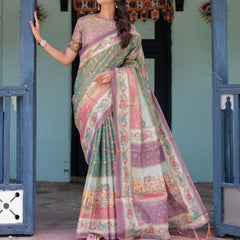 Green Lavender Handloom Cotton Saree with Floral Vines & Heritage Village Pallu