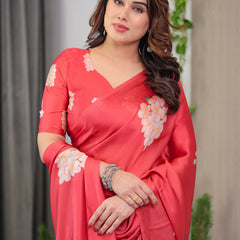 Coral Red Satin Georgette Floral Printed Saree with Attached Blouse – Elegant Designer Saree for Festive & Party Wear