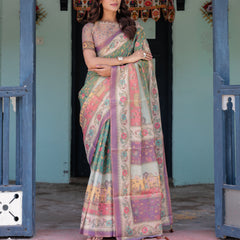 Green Lavender Handloom Cotton Saree with Floral Vines & Heritage Village Pallu
