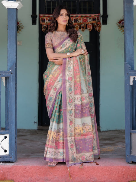 Green Lavender Handloom Cotton Saree with Floral Vines & Heritage Village Pallu