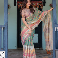 Green Lavender Handloom Cotton Saree with Floral Vines & Heritage Village Pallu