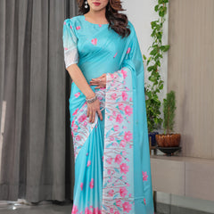 Aqua Blue Satin Georgette Pink Floral Printed Saree with Attached Blouse – Soft Pastel Designer Saree for Elegant & Festive Wear