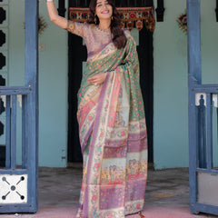 Green Lavender Handloom Cotton Saree with Floral Vines & Heritage Village Pallu