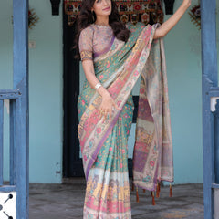 Green Lavender Handloom Cotton Saree with Floral Vines & Heritage Village Pallu