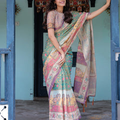 Green Lavender Handloom Cotton Saree with Floral Vines & Heritage Village Pallu