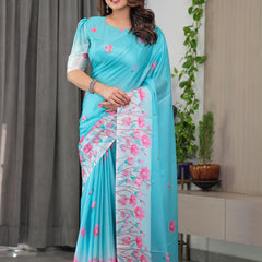 Aqua Blue Satin Georgette Pink Floral Printed Saree with Attached Blouse – Soft Pastel Designer Saree for Elegant & Festive Wear