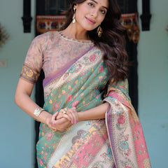Green Lavender Handloom Cotton Saree with Floral Vines & Heritage Village Pallu
