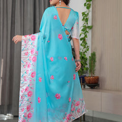 Aqua Blue Satin Georgette Pink Floral Printed Saree with Attached Blouse – Soft Pastel Designer Saree for Elegant & Festive Wear