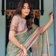 Green Lavender Handloom Cotton Saree with Floral Vines & Heritage Village Pallu