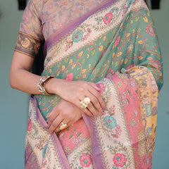 Green Lavender Handloom Cotton Saree with Floral Vines & Heritage Village Pallu