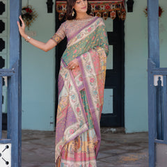 Green Lavender Handloom Cotton Saree with Floral Vines & Heritage Village Pallu