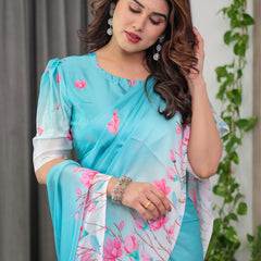 Aqua Blue Satin Georgette Pink Floral Printed Saree with Attached Blouse – Soft Pastel Designer Saree for Elegant & Festive Wear