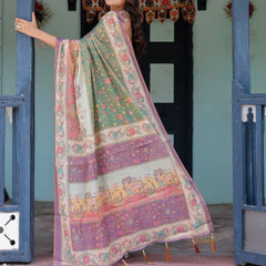 Green Lavender Handloom Cotton Saree with Floral Vines & Heritage Village Pallu
