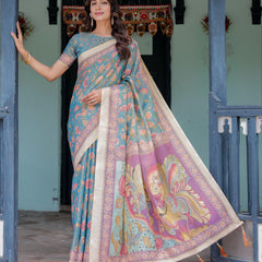 Aqua Blue Handloom Cotton Saree with Multicolor Floral Print & Royal Simha-Pakshi Pallu