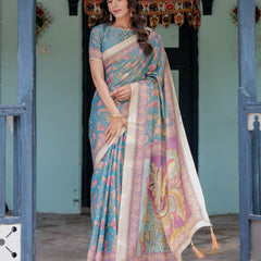 Aqua Blue Handloom Cotton Saree with Multicolor Floral Print & Royal Simha-Pakshi Pallu