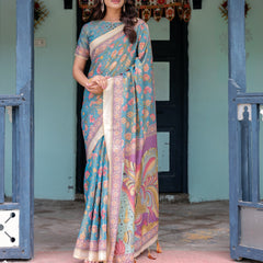 Aqua Blue Handloom Cotton Saree with Multicolor Floral Print & Royal Simha-Pakshi Pallu