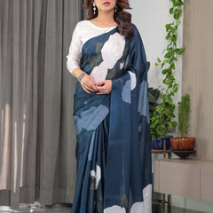 Midnight Blue Satin Georgette White Rose Printed Saree with Attached Blouse – Elegant Designer Saree for Festive & Evening Wear