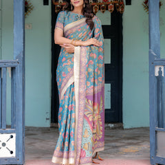 Aqua Blue Handloom Cotton Saree with Multicolor Floral Print & Royal Simha-Pakshi Pallu