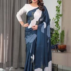 Midnight Blue Satin Georgette White Rose Printed Saree with Attached Blouse – Elegant Designer Saree for Festive & Evening Wear