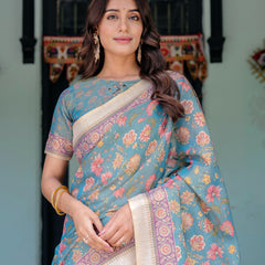Aqua Blue Handloom Cotton Saree with Multicolor Floral Print & Royal Simha-Pakshi Pallu