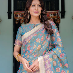 Aqua Blue Handloom Cotton Saree with Multicolor Floral Print & Royal Simha-Pakshi Pallu