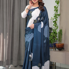 Midnight Blue Satin Georgette White Rose Printed Saree with Attached Blouse – Elegant Designer Saree for Festive & Evening Wear
