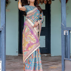 Aqua Blue Handloom Cotton Saree with Multicolor Floral Print & Royal Simha-Pakshi Pallu