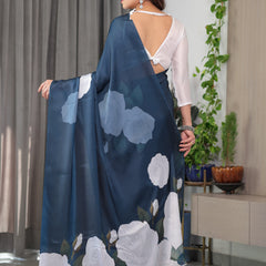 Midnight Blue Satin Georgette White Rose Printed Saree with Attached Blouse – Elegant Designer Saree for Festive & Evening Wear