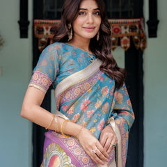 Aqua Blue Handloom Cotton Saree with Multicolor Floral Print & Royal Simha-Pakshi Pallu