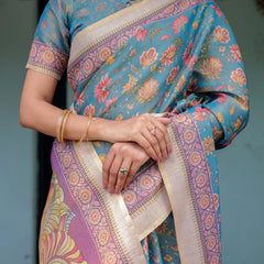 Aqua Blue Handloom Cotton Saree with Multicolor Floral Print & Royal Simha-Pakshi Pallu