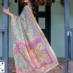 Aqua Blue Handloom Cotton Saree with Multicolor Floral Print & Royal Simha-Pakshi Pallu