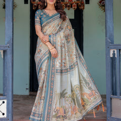 Icy Blue Handloom Cotton Saree with Peach Elephant Motifs & Royal Procession Pallu