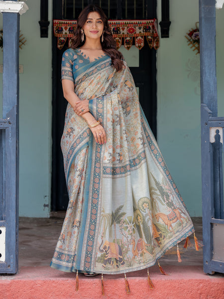 Icy Blue Handloom Cotton Saree with Peach Elephant Motifs & Royal Procession Pallu