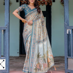 Icy Blue Handloom Cotton Saree with Peach Elephant Motifs & Royal Procession Pallu