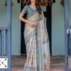 Icy Blue Handloom Cotton Saree with Peach Elephant Motifs & Royal Procession Pallu