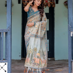 Icy Blue Handloom Cotton Saree with Peach Elephant Motifs & Royal Procession Pallu