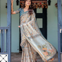 Icy Blue Handloom Cotton Saree with Peach Elephant Motifs & Royal Procession Pallu